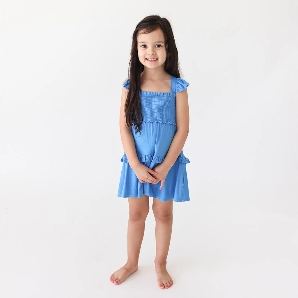 Solid Blue Flutter Sleeve Girl Twirl Dress | Western Blue | Posh Peanut