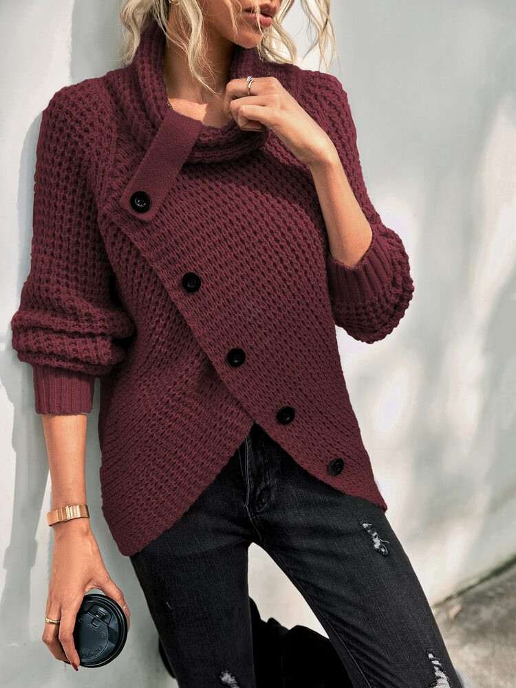 Cowl Neck Raglan Sleeve Button Front Asymmetrical Hem Sweater | SHEIN