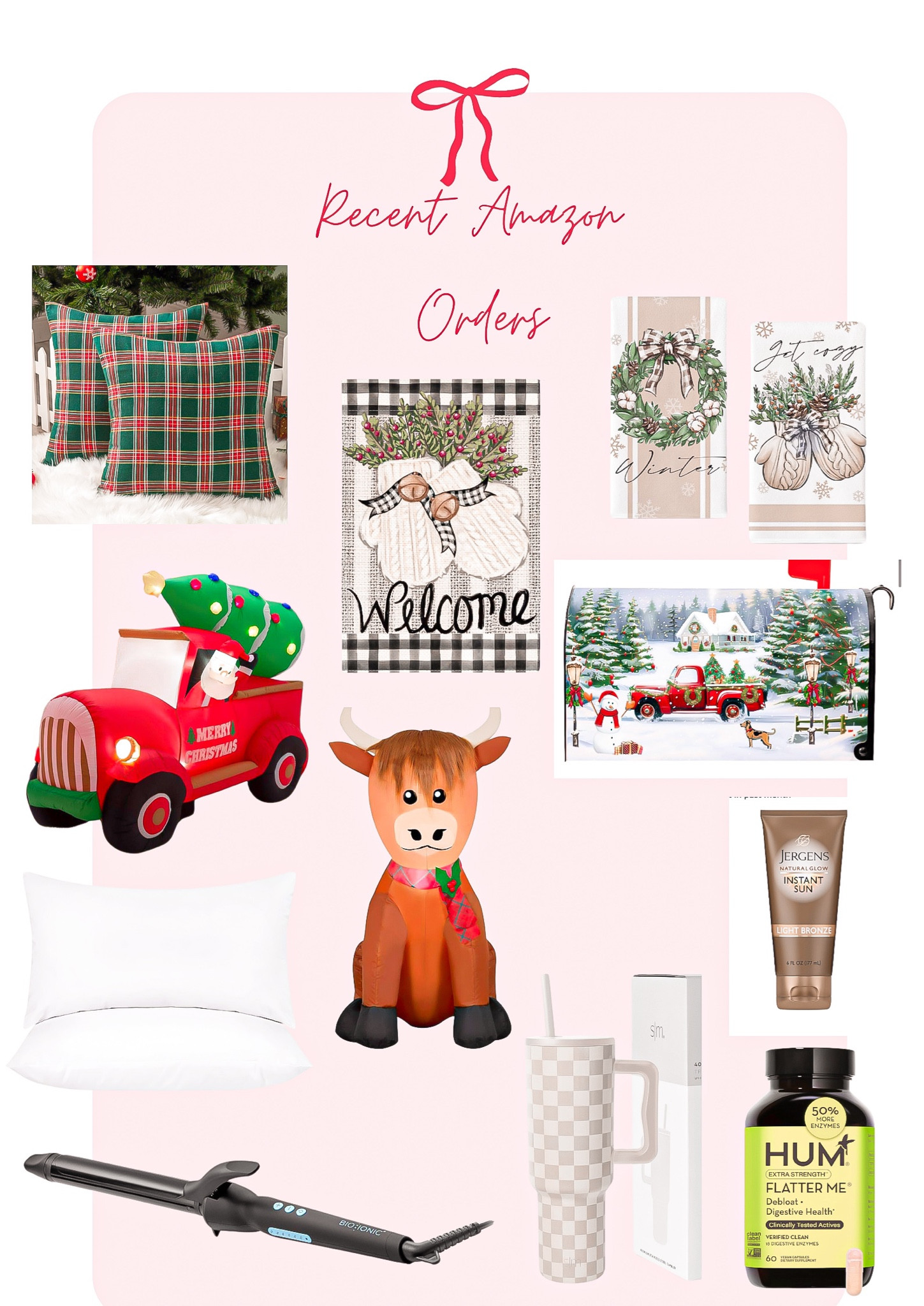 Recent Amazon order 🛍️

Christmas decor, home finds, inflatable Christmas decor, Christmas decorations, pillow covers, pillow inserts, welcome sign, mailbox cover, self tanner, cow inflatable, truck inflatable, simple modern tumbler, nutrition, curling iron, kitchen towels, Amazon home finds 

#LTKFindsUnder100 #LTKGiftGuide #LTKHoliday