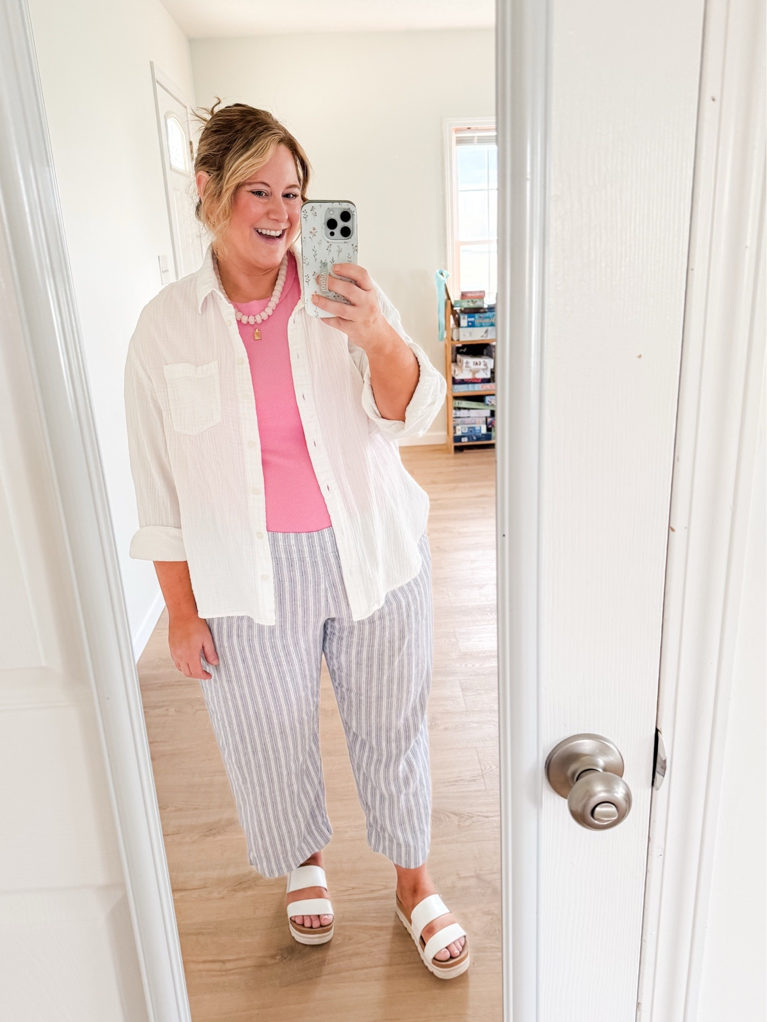 Teacher outfit - wearing a large in my gauze button down, XL in my pink tee and an XL in my linen pants.

#LTKMidsize #LTKWorkwear #LTKBump