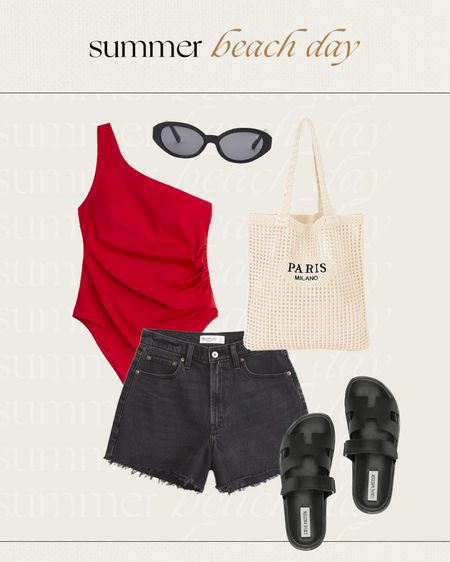 Summer beach day outfit idea ❤️ red swimsuit, denim shorts, sandals, Amazon tote bag

#LTKstyletip #LTKfindsunder100 #LTKfindsunder50