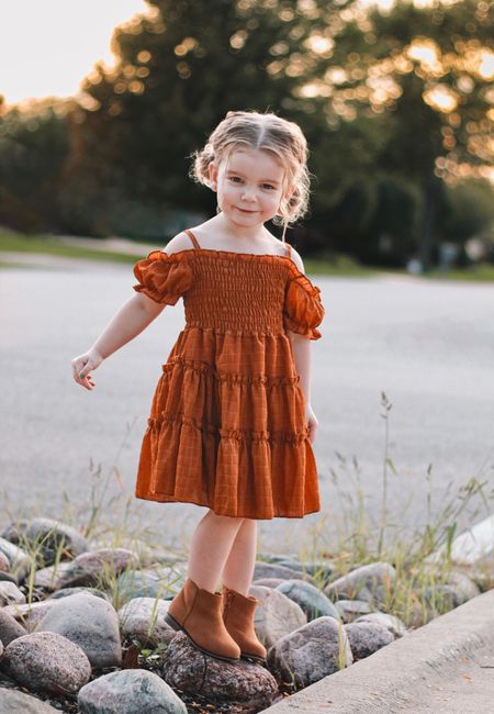 Toddler Girl Fall Outfit | Rust Orange Off Shoulder Dress for Girls | Fall Family Photo Outfit Idea | Girl Fall Dress | Brown Orange Dress 

#LTKfamily #LTKSeasonal #LTKkids