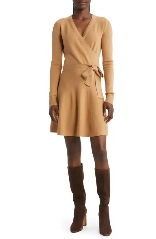 French Connection Long Sleeve Faux Wrap Sweater Dress in Camel Melange at Nordstrom, Size X-Large | Nordstrom