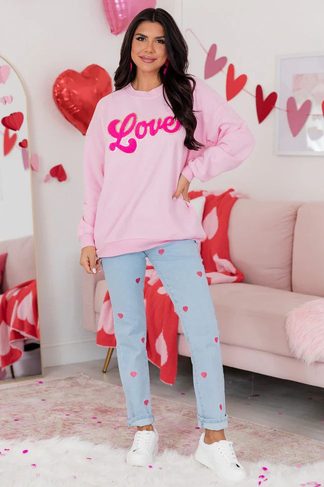 Love Script Chenille Patch Light Pink Oversized Graphic Sweatshirt | Pink Lily
