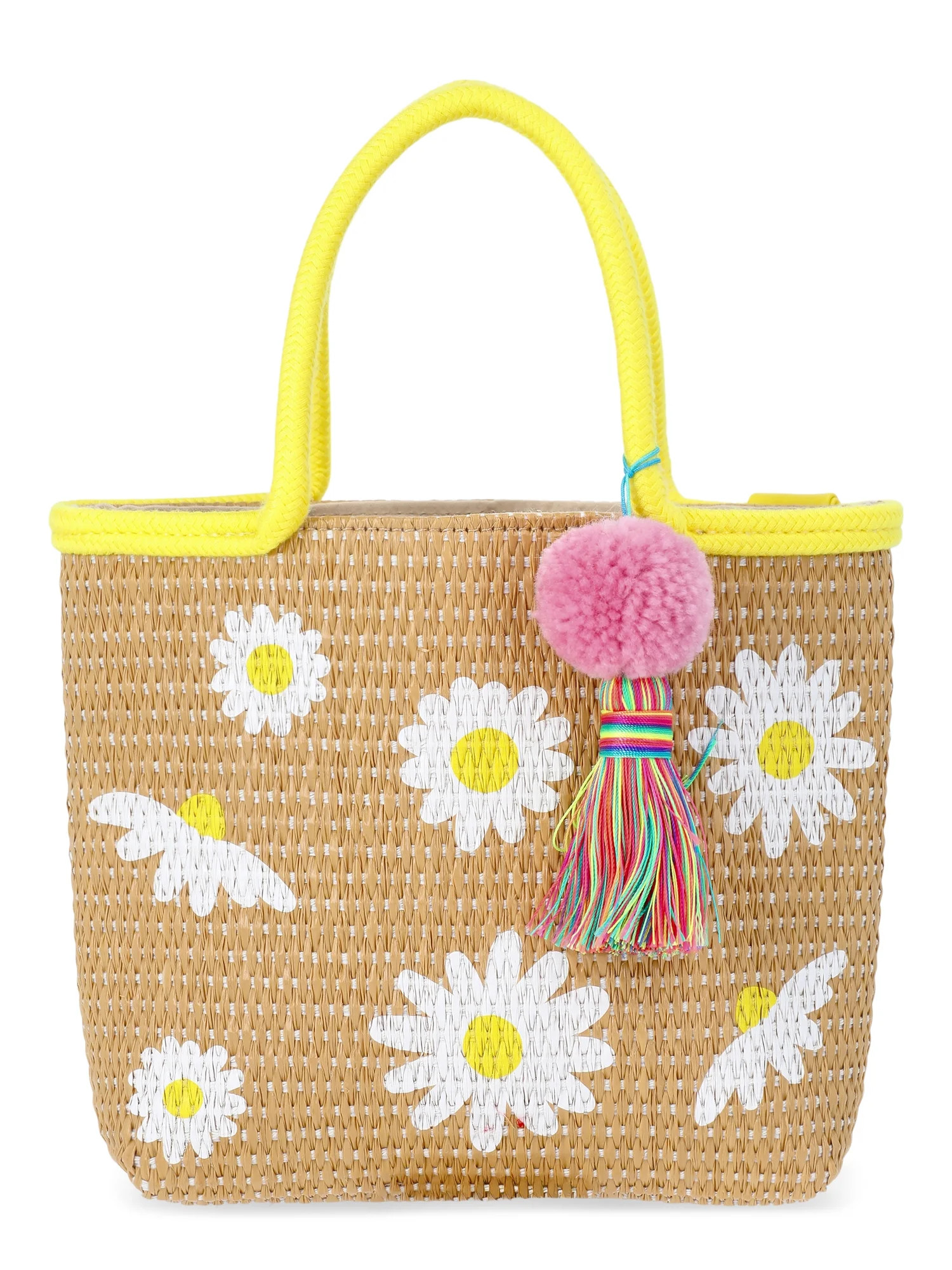 Wonder Nation Girls Daisies Straw Mini Tote Bag with Pom Handbag Charm, Yellow | Walmart (US)