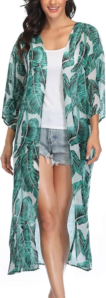 Women's Long Sheer Floral Kimono Cardigan, Chiffon Bikini Beach Cover up, Summer Blouse Loose Top... | Amazon (US)