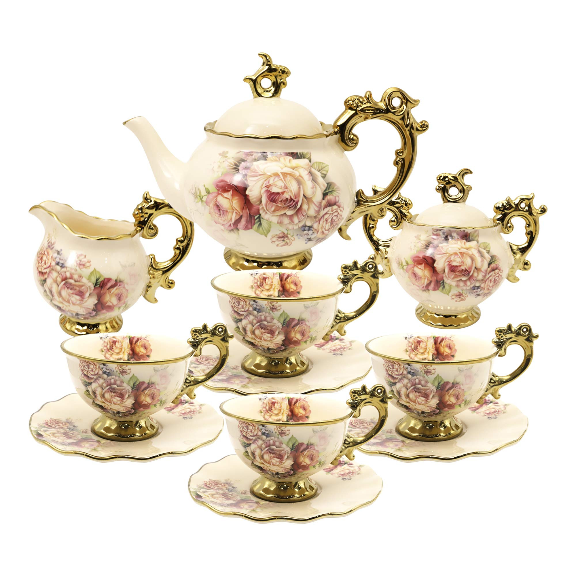 fanquare 15 Pieces British Porcelain Tea Set, Floral Vintage China Coffee Set, Wedding Tea Servic... | Amazon (US)