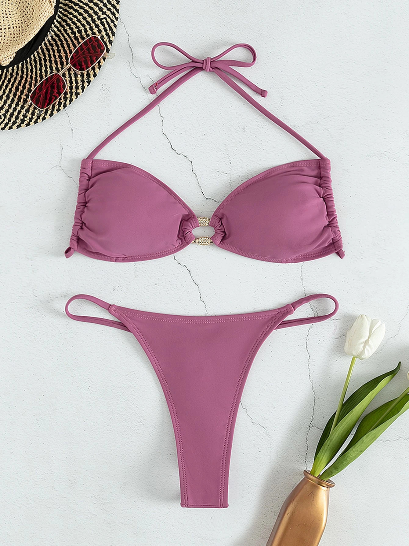 Ring Linked Halter Bikini Swimsuit | SHEIN