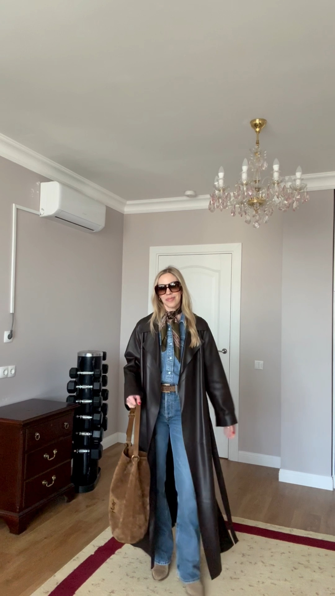 Spring outfit, leather trench coat, chocolate brown leather jacket, bootcut jeans, western style denim shirt, denim on denim, silk scarf outfit 

#LTKgrwm #LTKSeasonal #LTKootd
