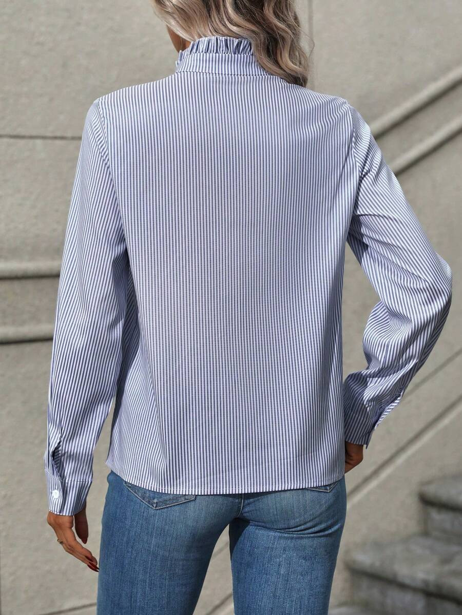 SHEIN Franclia Women's Spring/Autumn Ruffle Collar Long Sleeve Striped Casual Blouse Women Shirt | SHEIN