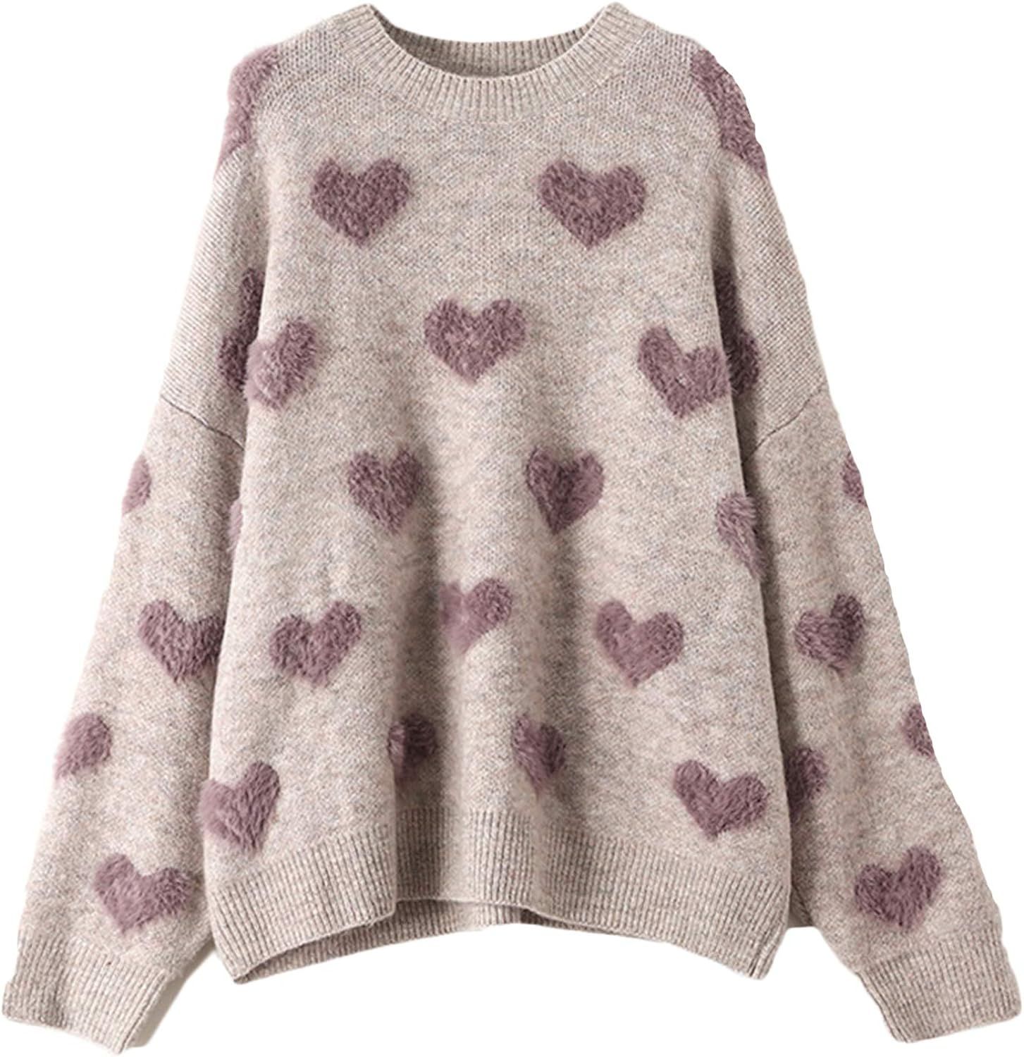 CORIRESHA Women's Casual Crewneck Comfy Fuzzy Hearts Knit Sweater Pullover Sweatershirt | Amazon (US)