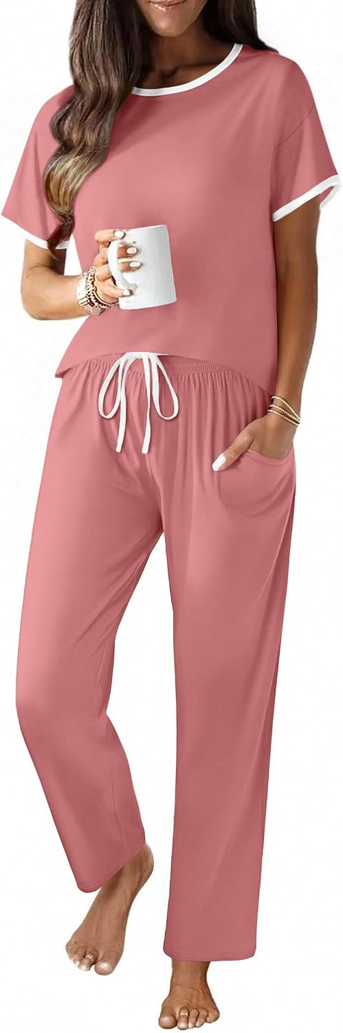 Ekouaer Cotton Pajamas for Women 2 Piece Short Sleeve Top with Long Pants | Amazon (US)