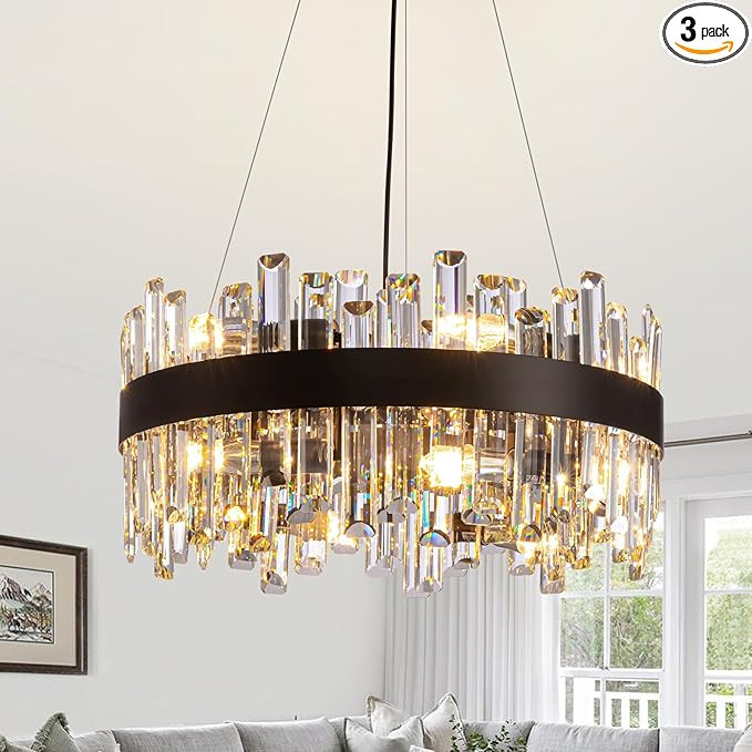 Siljoy Modern Crystal Chandelier Black Round Semi Flush Mount Pendant Ceiling Light 12 Lights Far... | Amazon (US)