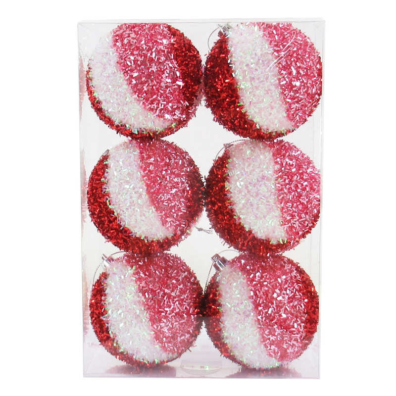 6-Count Red, Pink, & White Swirled Tinsel Ornaments, 3.1" | At Home