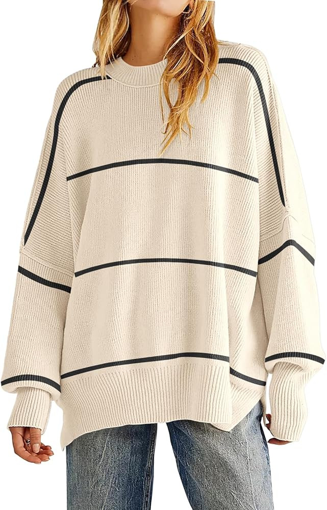 Women's Oversized Crewneck Sweaters Batwing Long Sleeve Side Slit Ribbed Knit Pullover Sweater To... | Amazon (US)