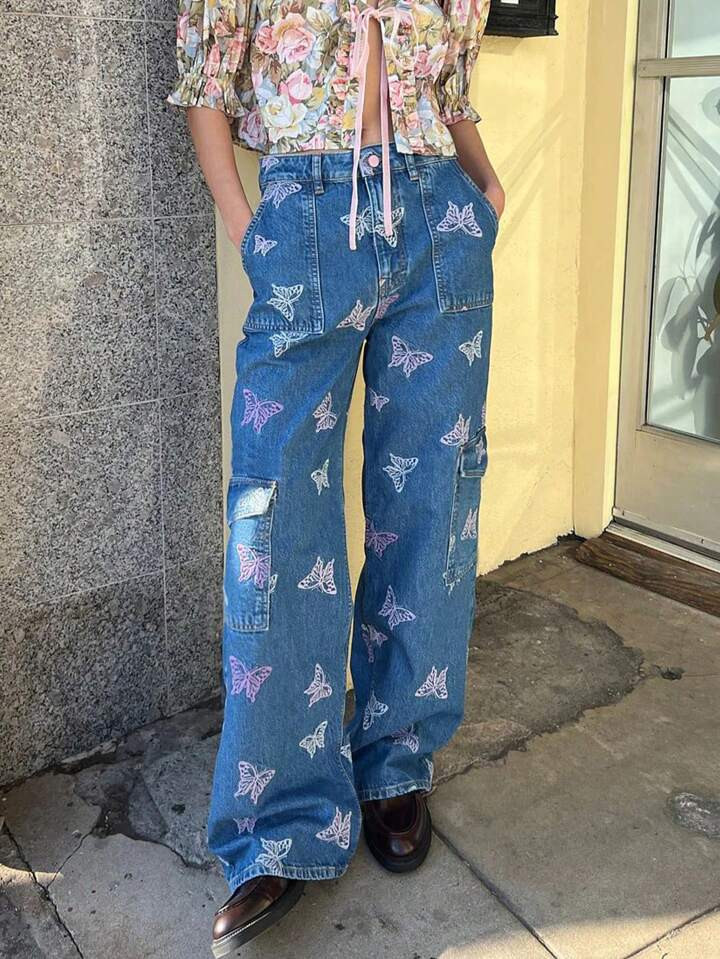 Y2K Preppy Butterfly Embroidery Flap Pocket Side Straight Leg Cargo Jeans Pants | SHEIN