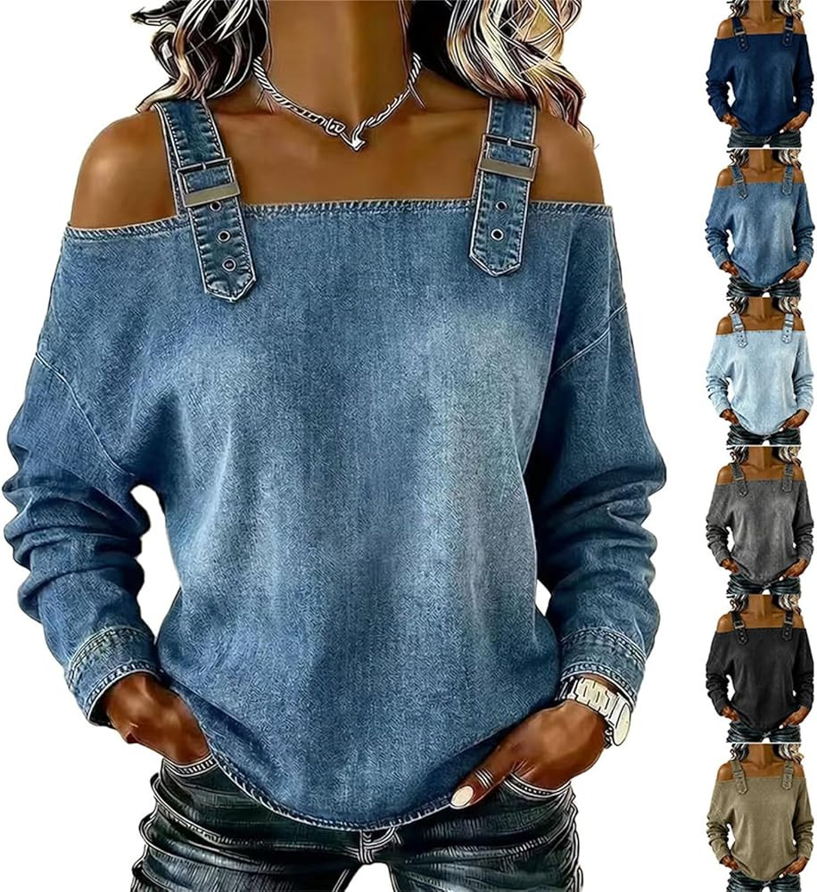 Denim Cold Shoulder Tops for Women Casual Washed Long Sleeve Buckle Straps Off the Shoulder Strap... | Amazon (US)