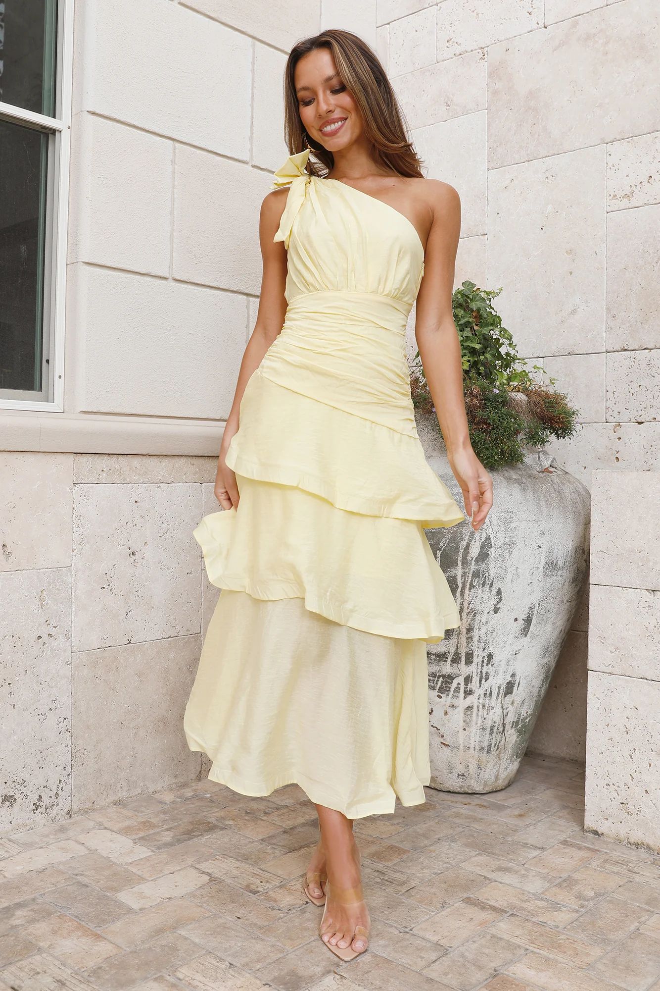 Events In The Garden One Shoulder Midi Dress Yellow | Hello Molly