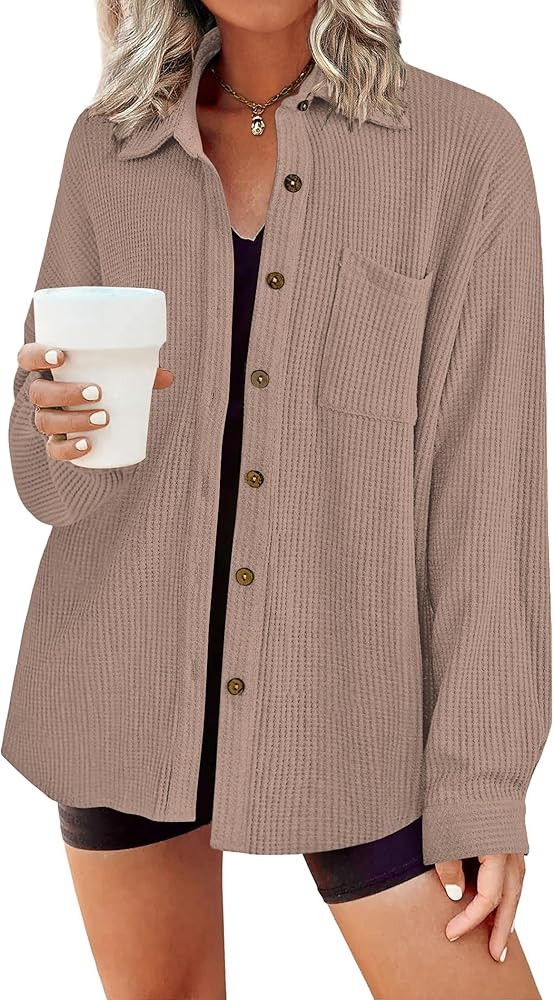 HOTOUCH Waffle Button Down Shirts for Women Dressy Casual Work Shacket V Neck Long Sleeve Lightwe... | Amazon (US)