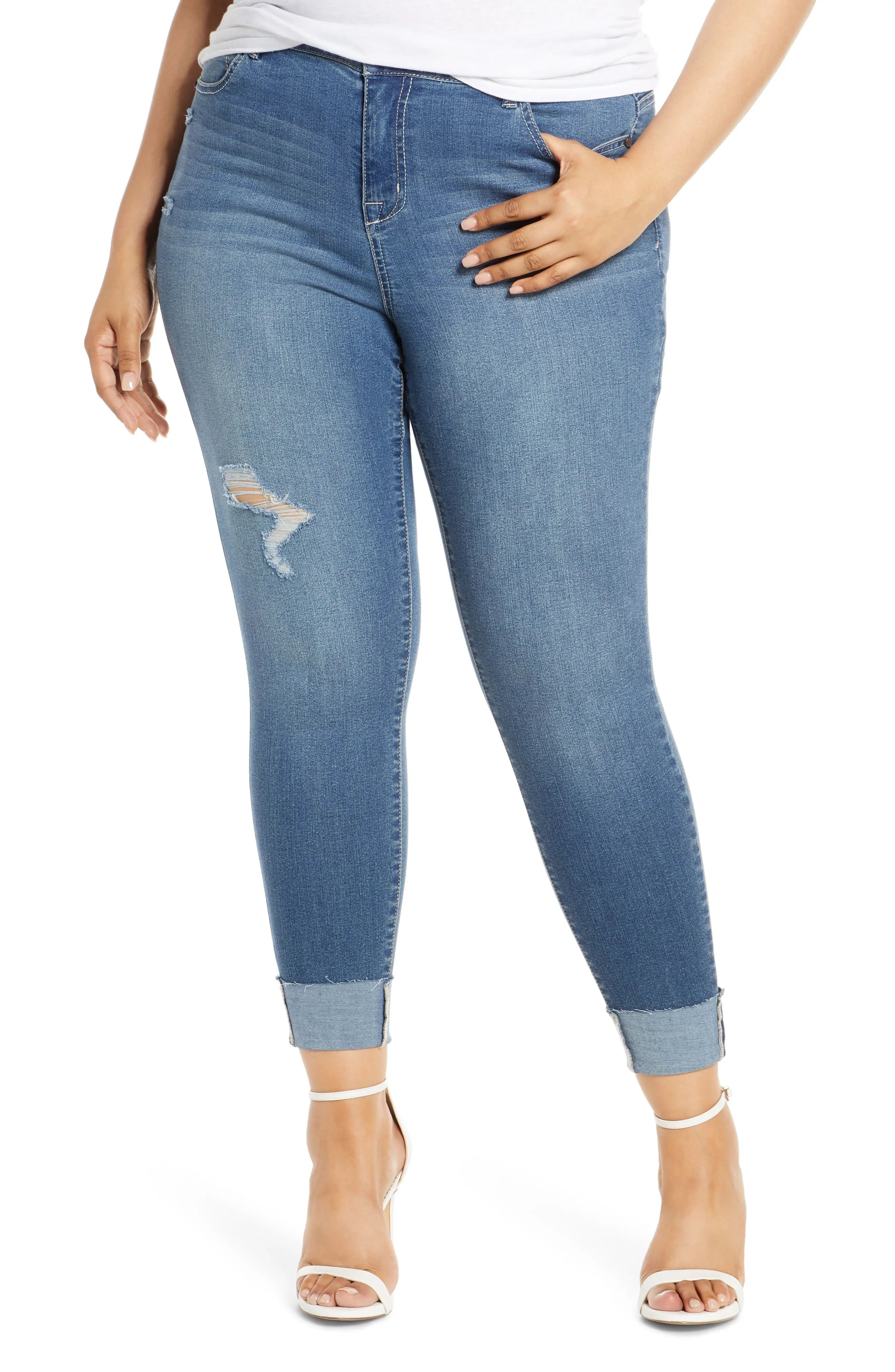 Plus Size Women's 1822 Denim Distressed Roll Ankle Jeggings, Size 18W - Blue | Nordstrom