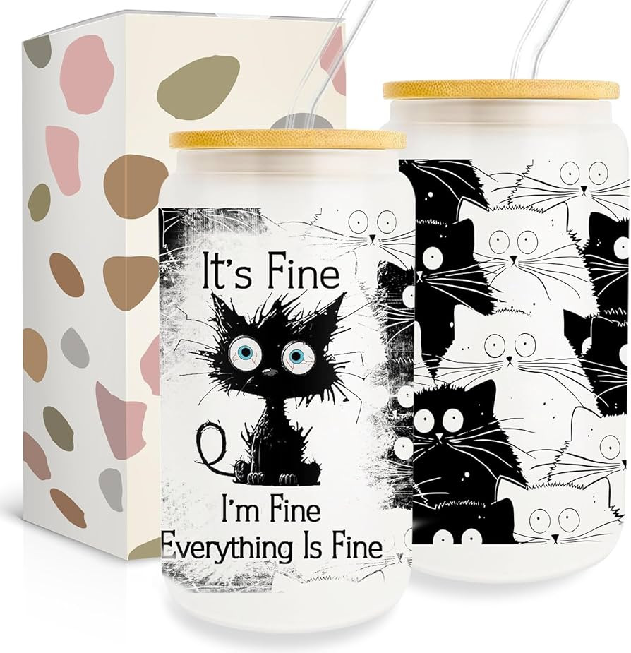Taza de cristal Crazy Cat de 16 onzas con tapas y pajitas, regalo para mujeres, hombres y amigos,... | Amazon (US)