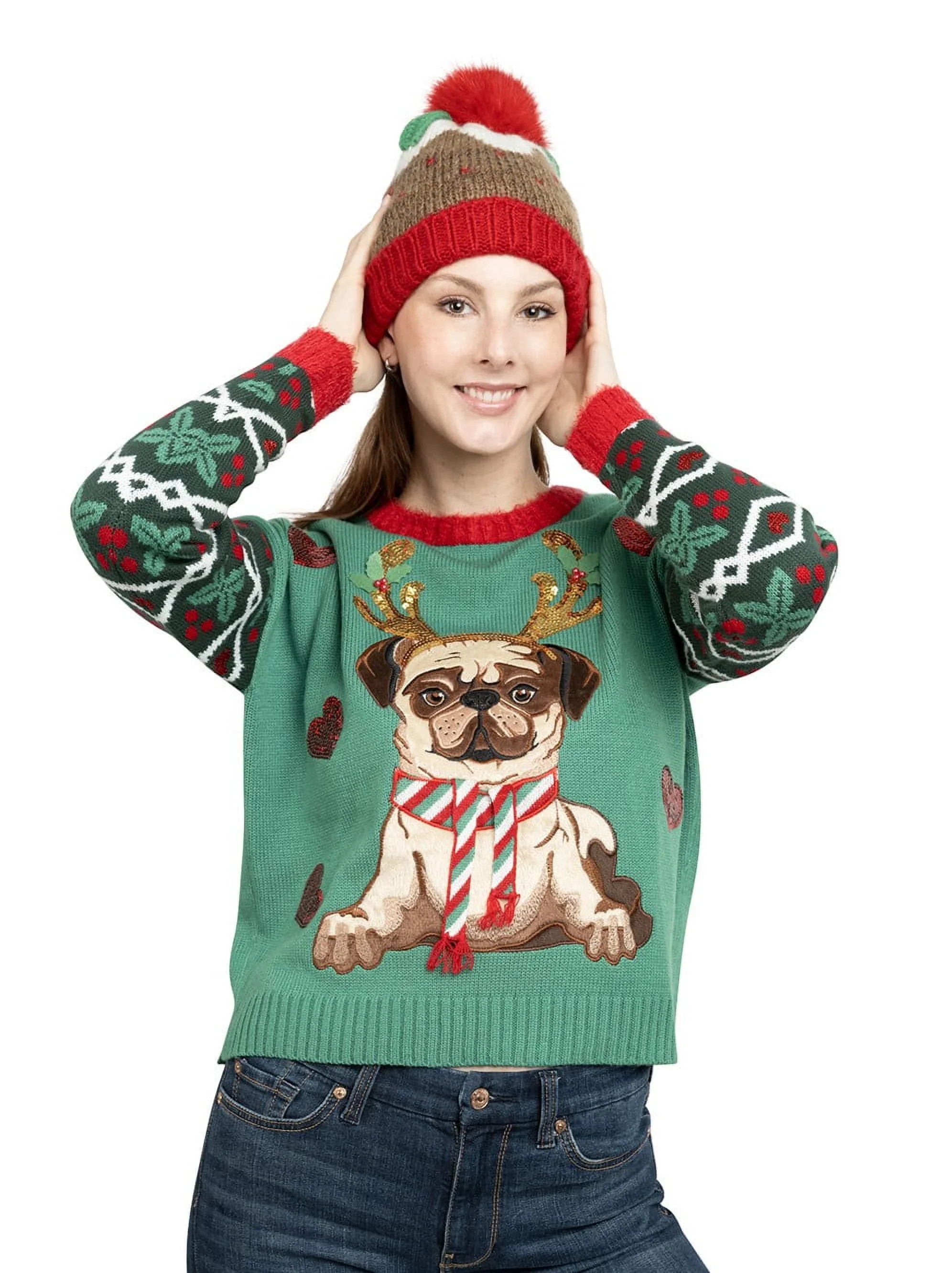 Jollidays Women's Reindeer Pug Ugly Christmas Sweater | Walmart (US)