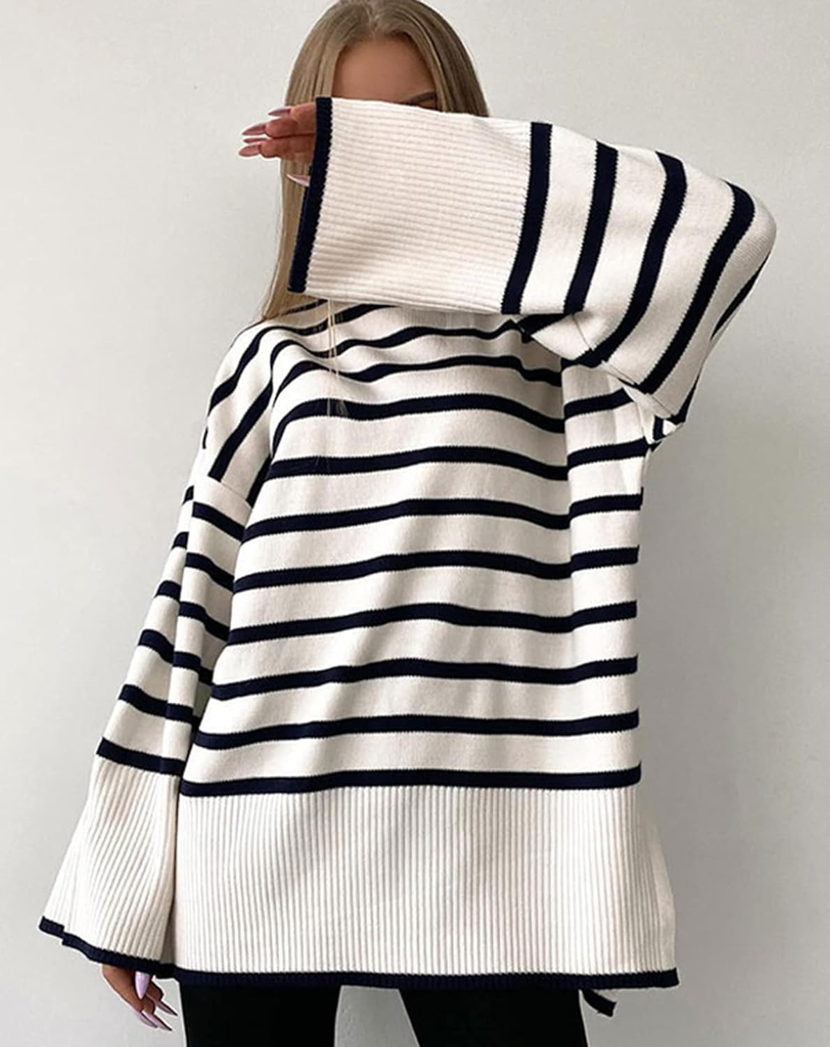 SAFRISIOR Women Oversized Turtleneck Striped Sweater Knitwear Flare Sleeve Long Sleeve Side Split... | Amazon (US)
