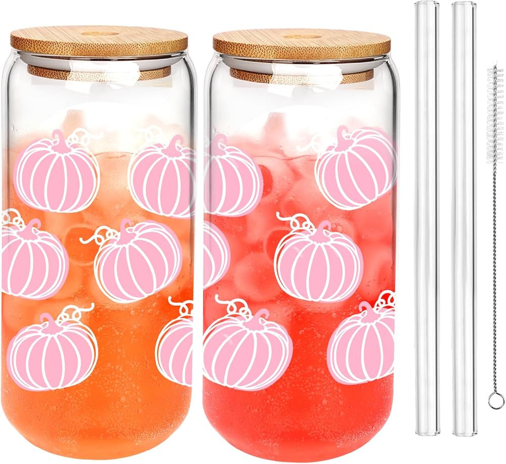 ANOTION Fall Glass Cups with Lids and Straws - Autumn Thanksgiving Gifts for Women - 2 Pack 18oz ... | Amazon (US)