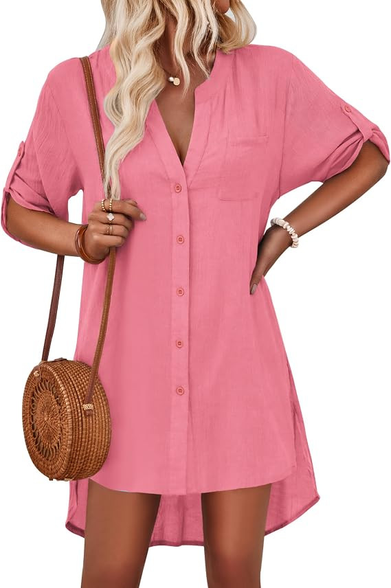 AI'MAGE Women's Swimsuit Cover Ups Shirt V-Neck Button Down Bathing Suit Coverups Beach Tunic Top... | Amazon (US)
