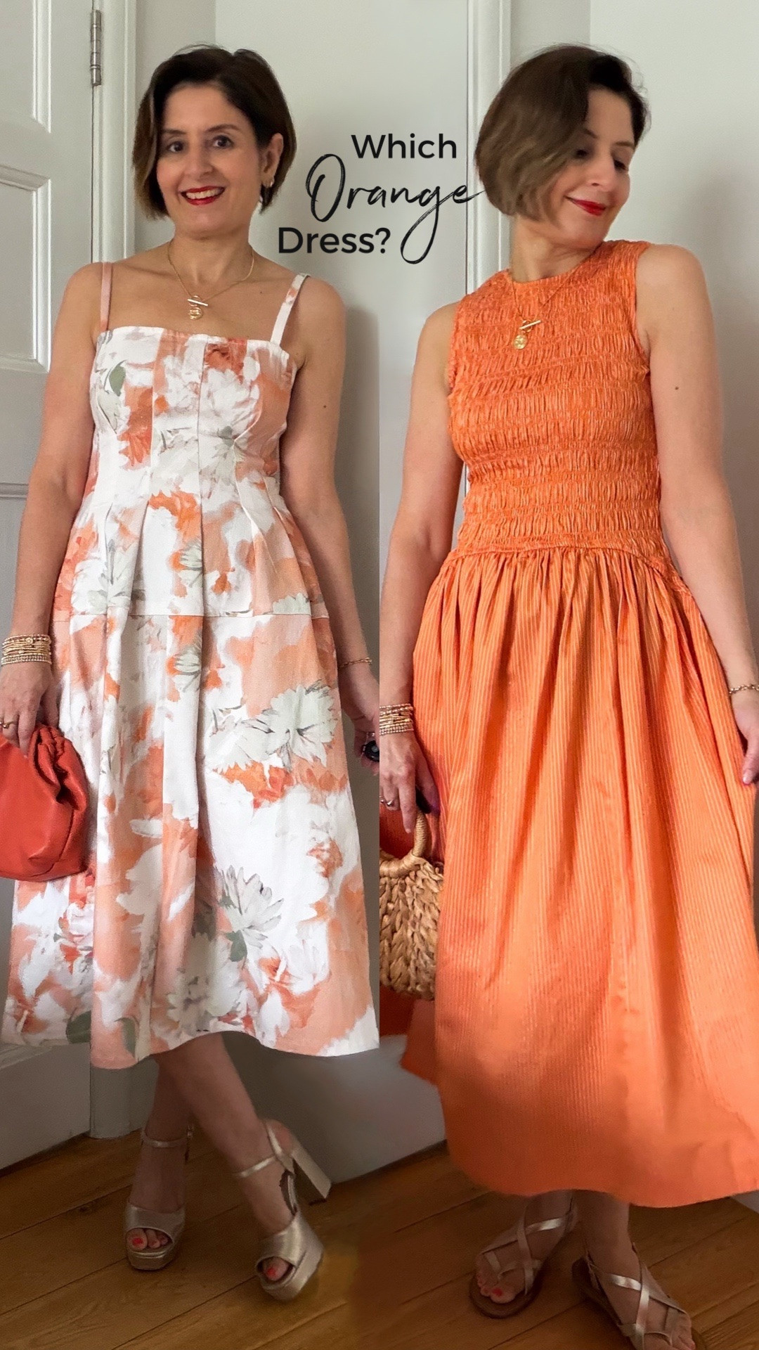 Heatwave ready with these 2 orange dresses. Wearing the size 10 in both. Love the stripes & shirring - perfect for lunch with friends and the structure of the floral number is so flattering especially if you’re curvy. Great for an event or wedding.

#LTKuk #LTKsummer #LTKdresses