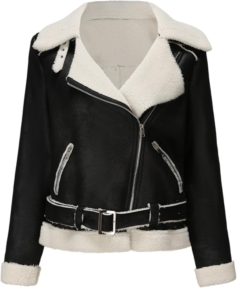 Udeniy Womens Trendy Winter Coat Faux Lamb Fur Leather Cropped Lambswool Biker Jacket Lapel Zippe... | Amazon (US)