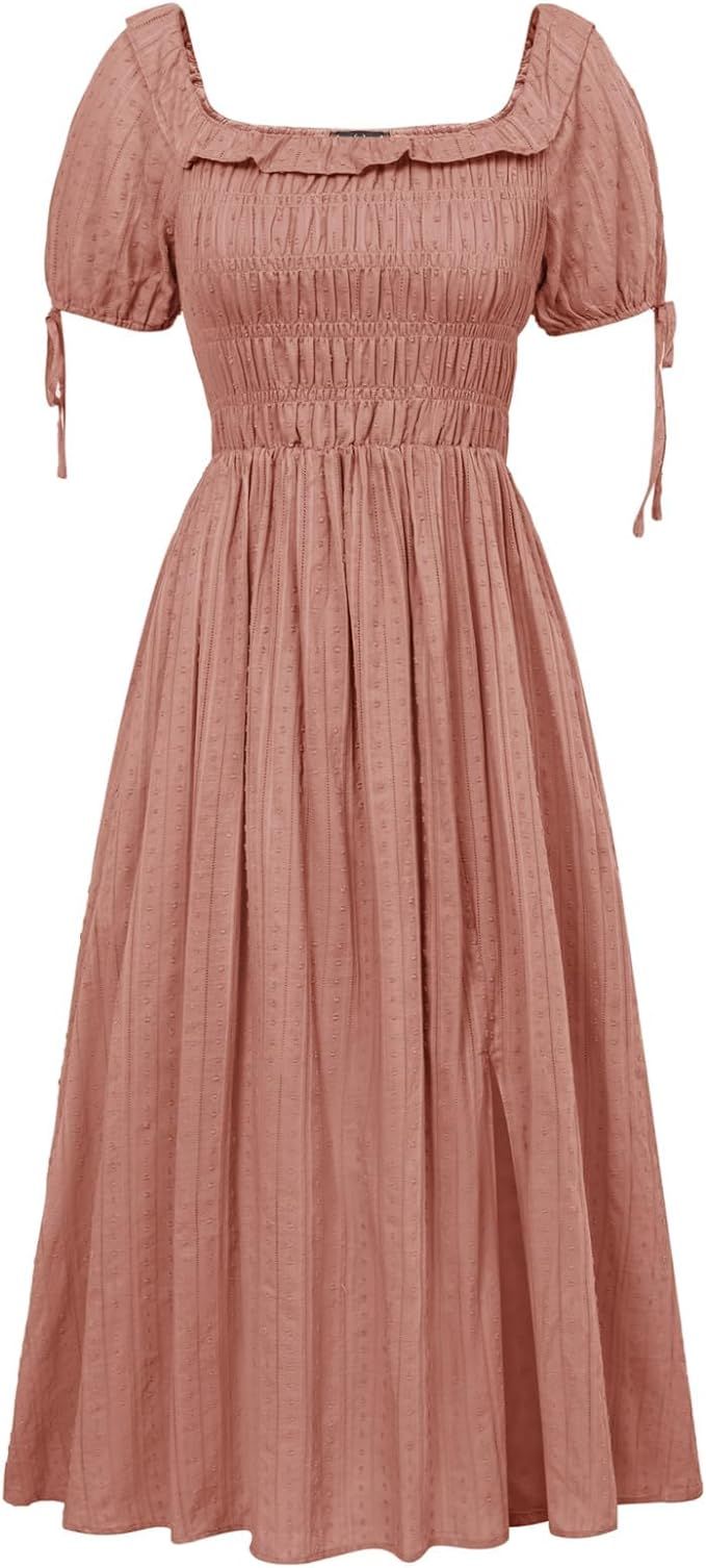Renaissance Dress for Women 2024 Summer Flowy Boho Square Neck Dress Dark Pink XL | Amazon (US)