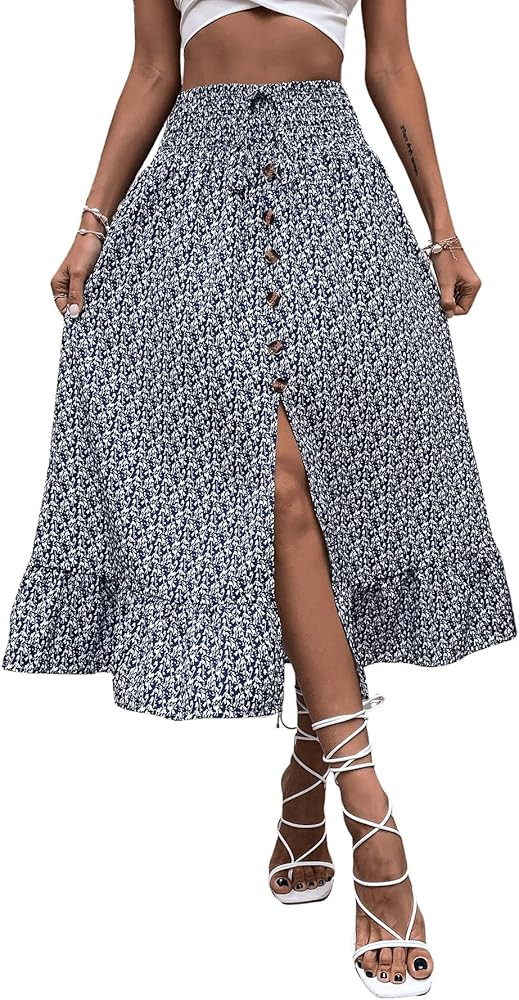 SweatyRocks Women's Casual High Waist Floral Skirt Button Front Split Ruffle Maxi Skirts | Amazon (US)