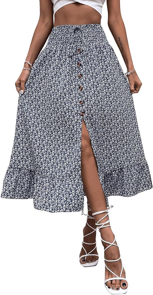 SweatyRocks Women's Casual High Waist Floral Skirt Button Front Split Ruffle Maxi Skirts | Amazon (US)
