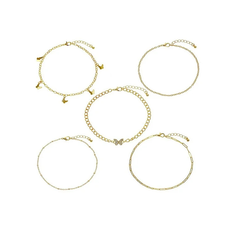 No Boundaries Gold Tone Anklet Set, Butterfly Motif, 5-Pieces, Women's | Walmart (US)