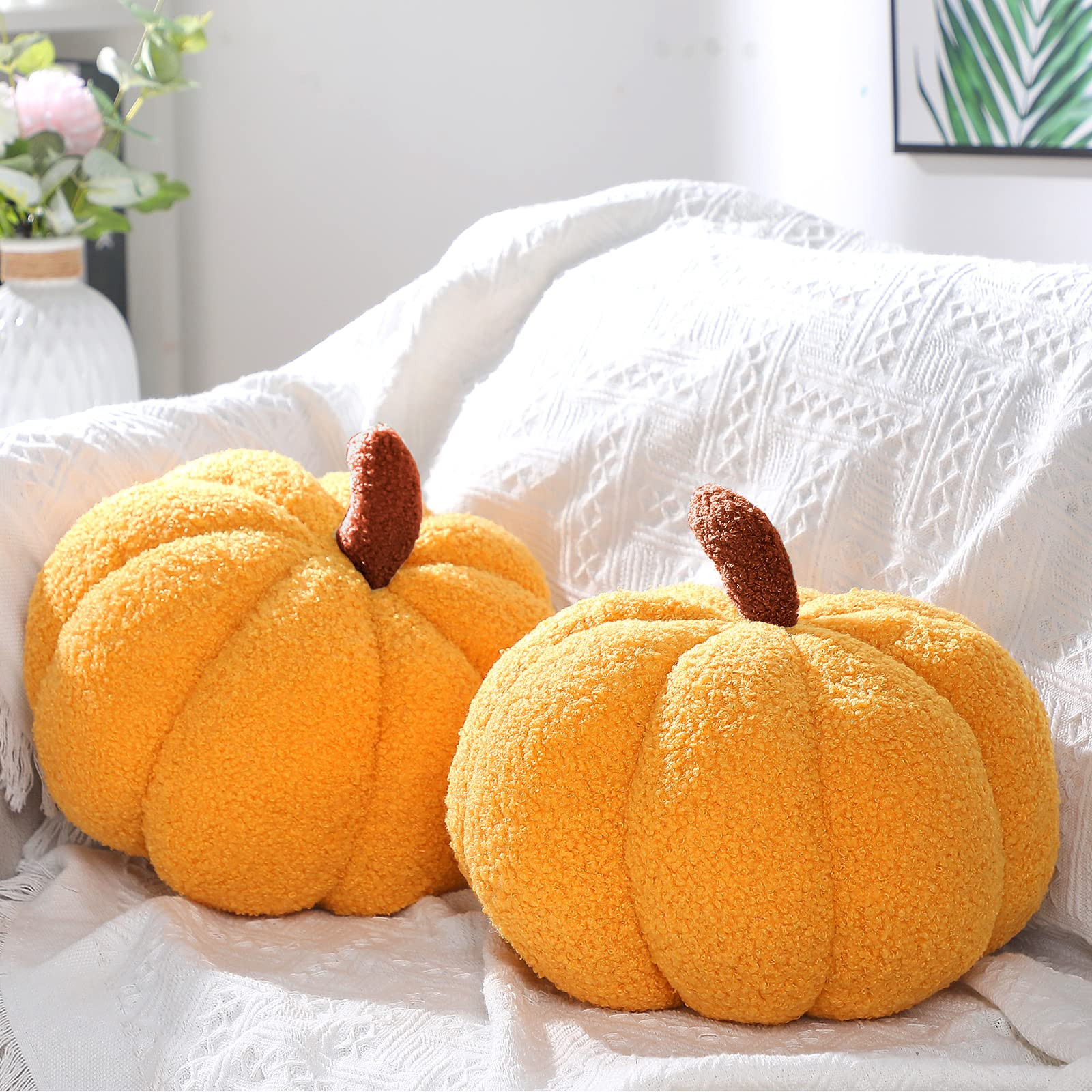 Queekay 2 Pcs Simulated Fall Pumpkin Shaped Throw Pillow 3D Cozy Pumpkin Plush Pillow Cushion for Autumn Halloween Thanksgiving Party Decoration Bedroom Sofa Home Couch(Ginger Color,Middle) | Amazon (US)
