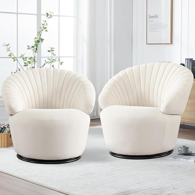 Swivel Accent Chair Set of 2 - Barrel Beige Velvet 360 Degree Round Sofa Chairs Upholstered for L... | Amazon (US)