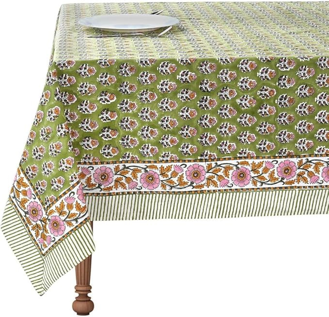 CPC Tablecloth 100% Cotton 70x108 Inch Indian Block Print Rectangle Table Cover, Green Table Clot... | Amazon (US)