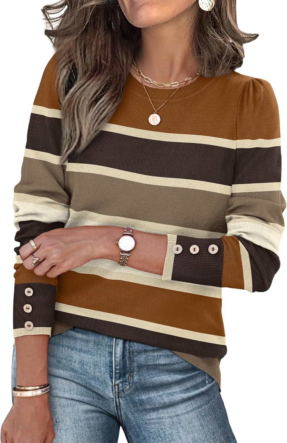 Womens Sweaters Fall Fashion 2025 Long Sleeve Button Cuff Soft Knit Pullover Trendy Tops Dressy Casual Blouses | Amazon (US)