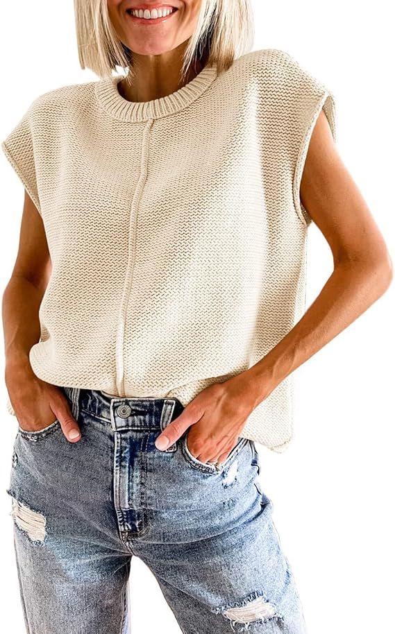 Womens Mock Neck Cap Sleeve Knit Sweater Vest 2023 Vintage Casual Sleeveless Knitted Rib Pullover... | Amazon (US)