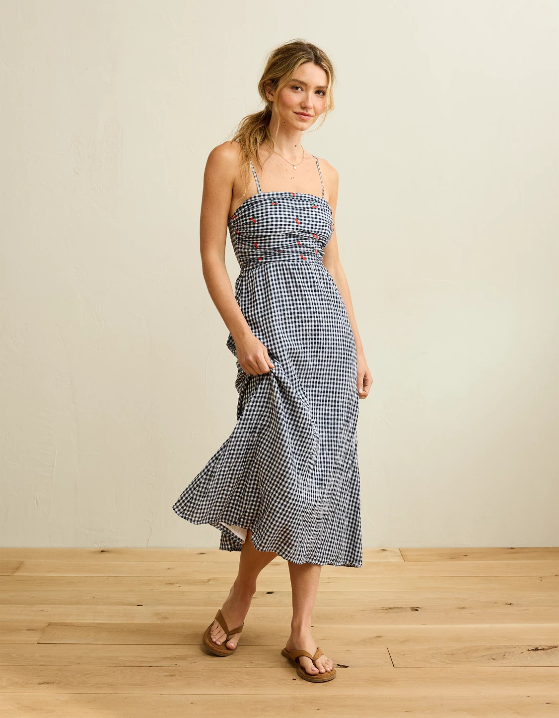 AE Strapless Smocked Embroidered Midi Dress | American Eagle Outfitters (US & CA)
