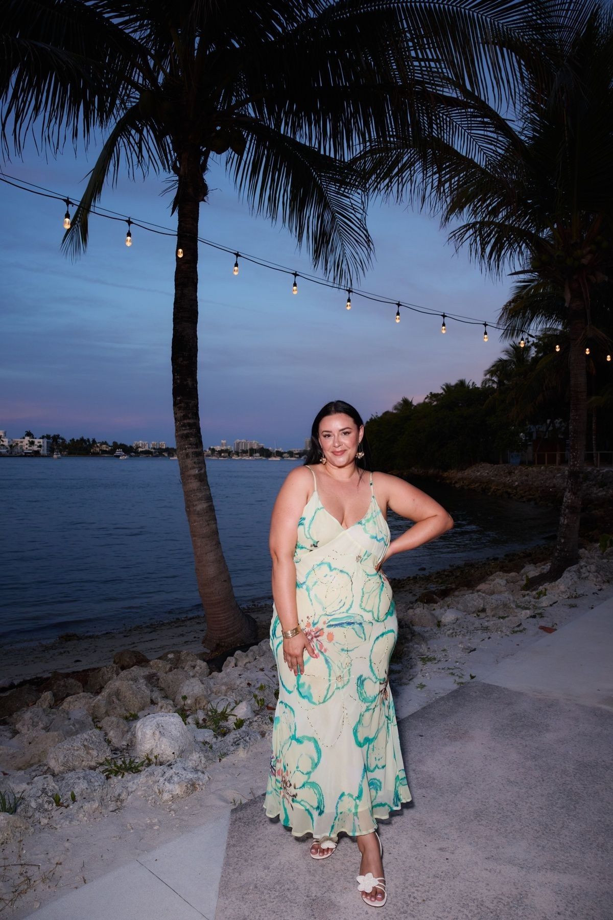 tropical vacation outfit, beach dinner look, waterfront sunset, palm trees, summer maxi dress, resort wear, vacation style, evening outfit, printed slip dress, floral maxi dress, strappy sandals, coastal chic, island evening, warm weather fashion, vacation dinner outfit, beachside glam, tropical night, feminine dress, summer getaway, sunset photo 

 #LTKspring #LTKtravel #LTKshoes