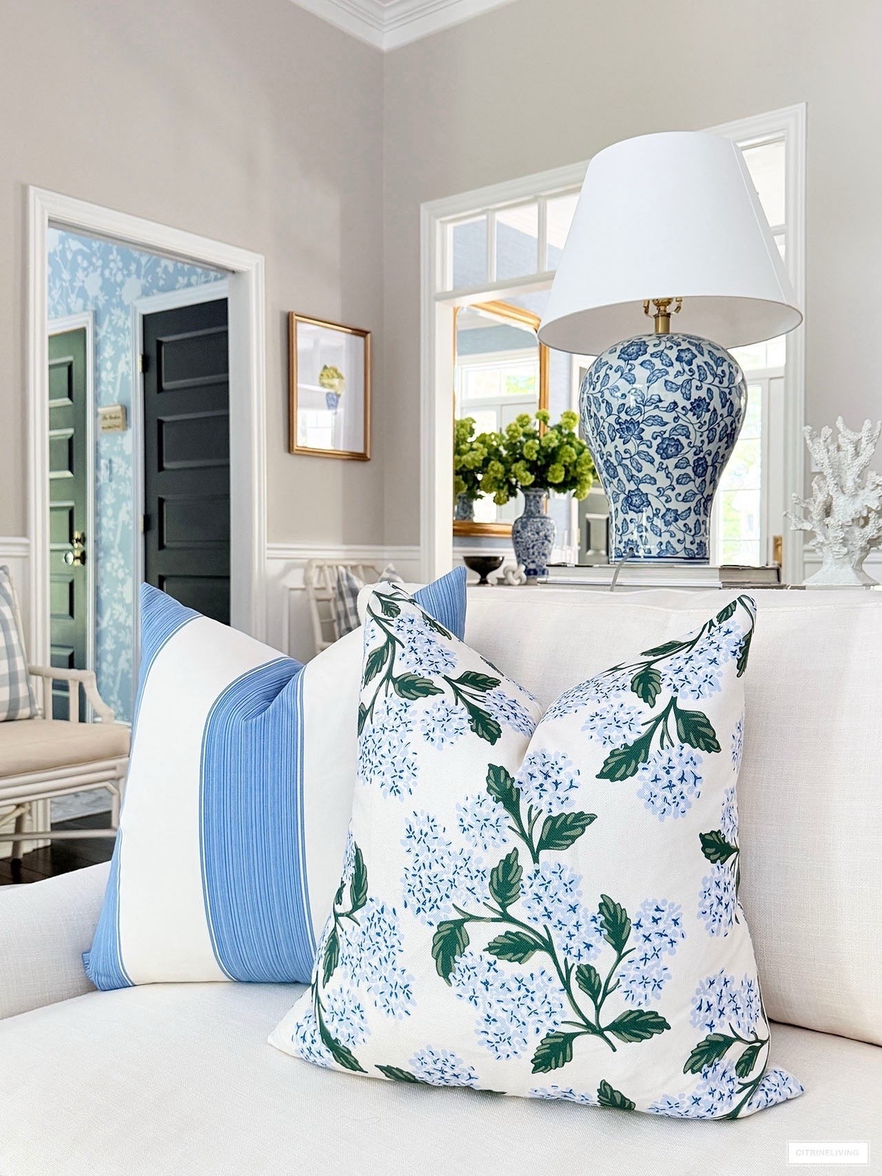 Make a statement with pillows in bold prints! Here I have a high/low mix with a designer stripe and and hydrangea print from Amazon. And a similar one from Etsy 💙💚

#LTKHome #LTKSeasonal