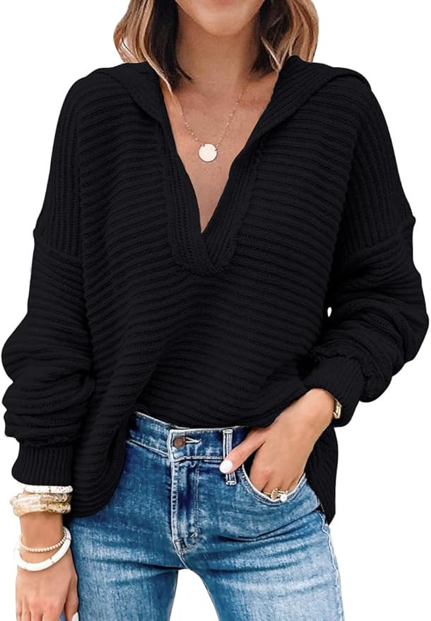 LILLUSORY Women's V Neck Oversized Sweaters Long Batwing Sleeve Collared Asymmetrical Hem Knit Pu... | Amazon (US)