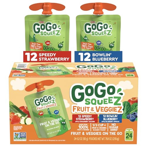 GoGo squeeZ No Sugar Added Fruit & veggieZ Applesauce and Puree Variety Pack, Speedy Strawberry and Bowlin' Blueberry, 3.2 oz Pouches (Pack of 24), Fruit Snacks for Kids, Gluten Free, Nut Free, Recloseable Cap, BPA Free | Amazon (US)