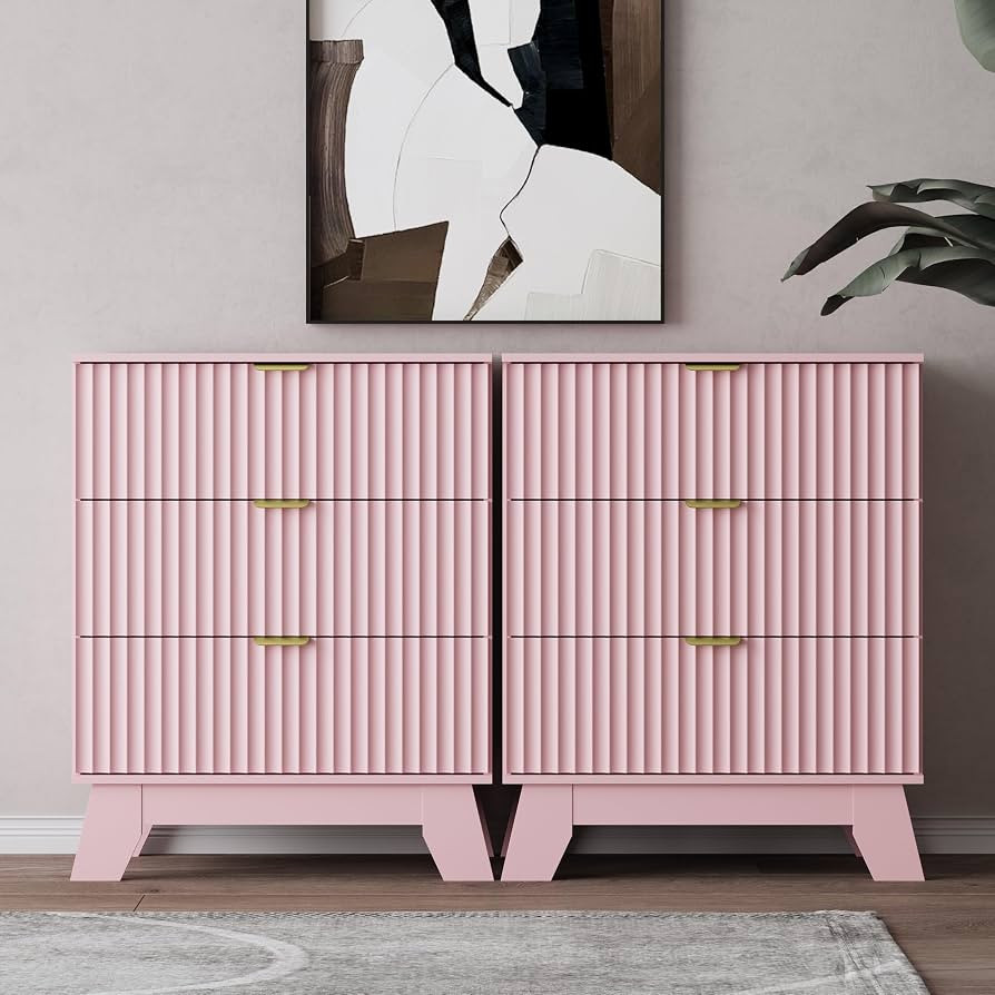 Night Stand Set 2, Bedside Table & End Table, Mid Century Modern Fluted Wood Nightstand with 3 Dr... | Amazon (US)