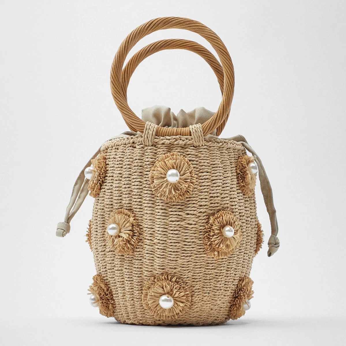 ZARA Raffia Pearl Beaded Bag Bucket Handbag Quilted Tote Woven Shopper 6638 610  | eBay | eBay US