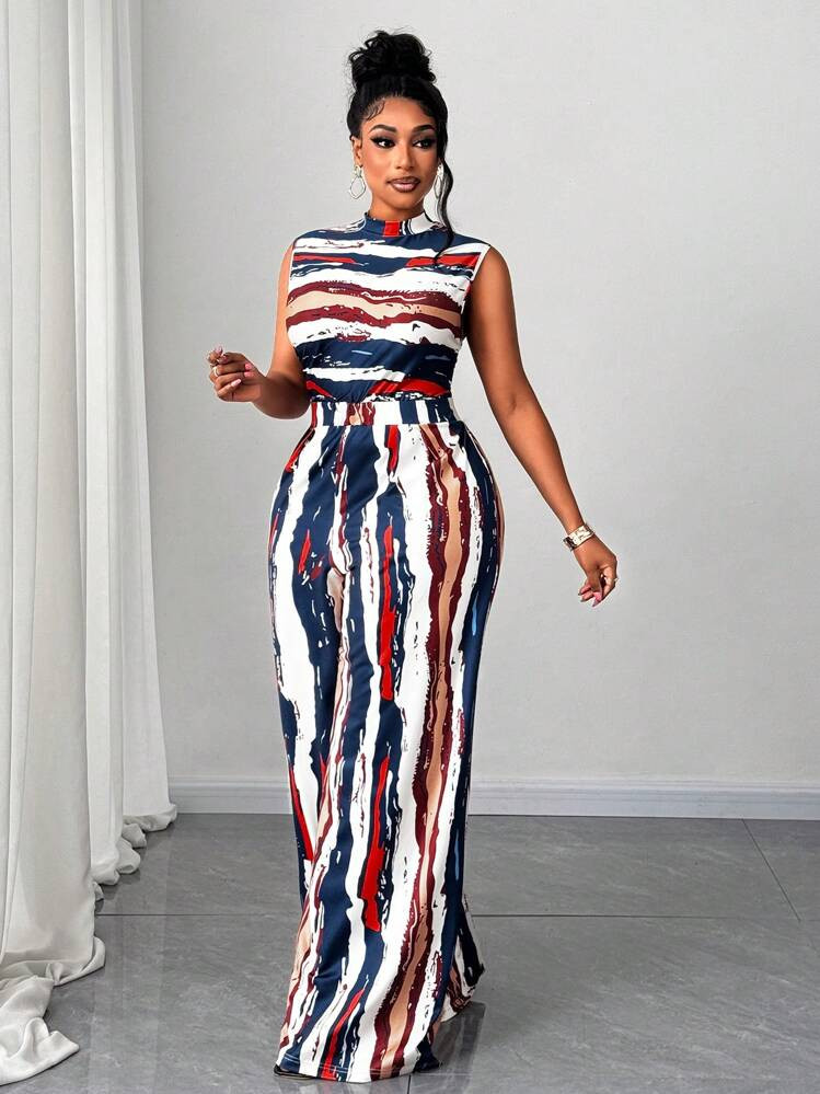 SHEIN PETITE Plus Size Women Asymmetrical Print Elastic Waist Bodycon Jumpsuit, Spring/Summer
 | SHEIN