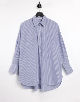 Stradivarius oversized poplin shirt in blue stripe | ASOS (Global)