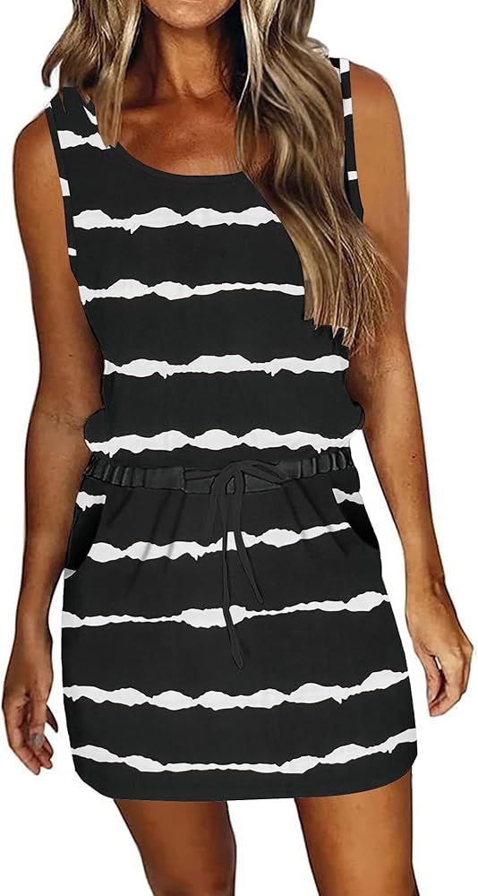 WNEEDU Womens Summer Dress Casual Sleeveless Sundresses Drawstring Waist Beach Dress Short Swing ... | Amazon (CA)